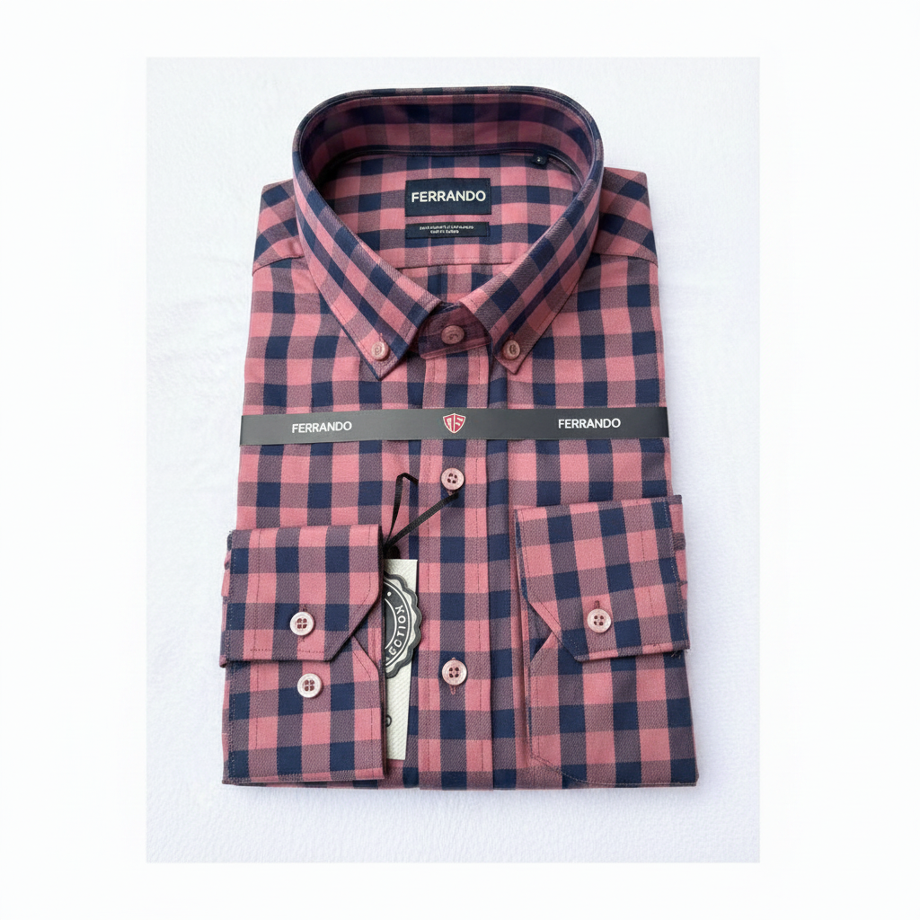 Ferrando Collection Dusty Pink & Navy Gingham Check Long Sleeve Shirt
