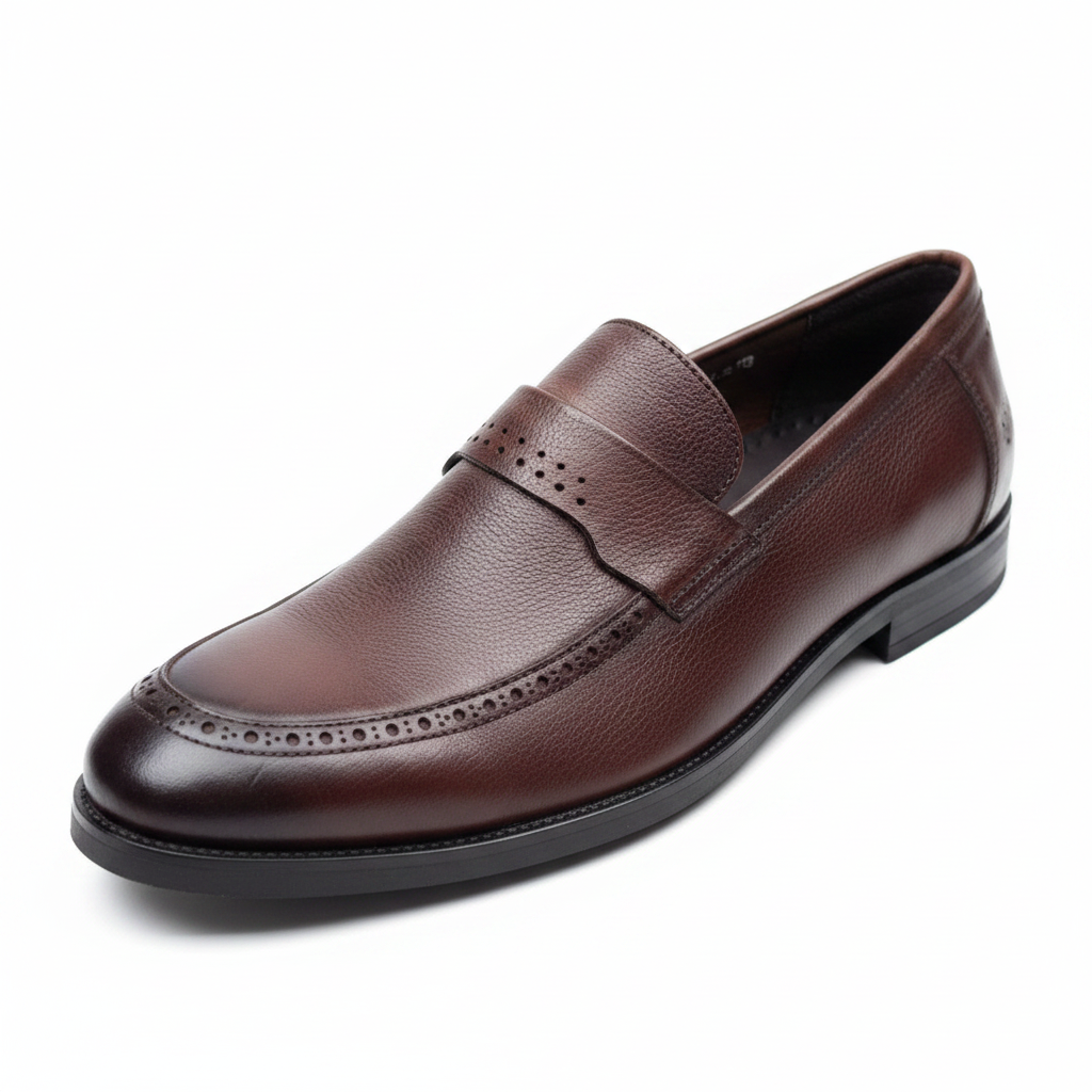 Dark Burgundy Leather Brogue Penny Loafer Shoes