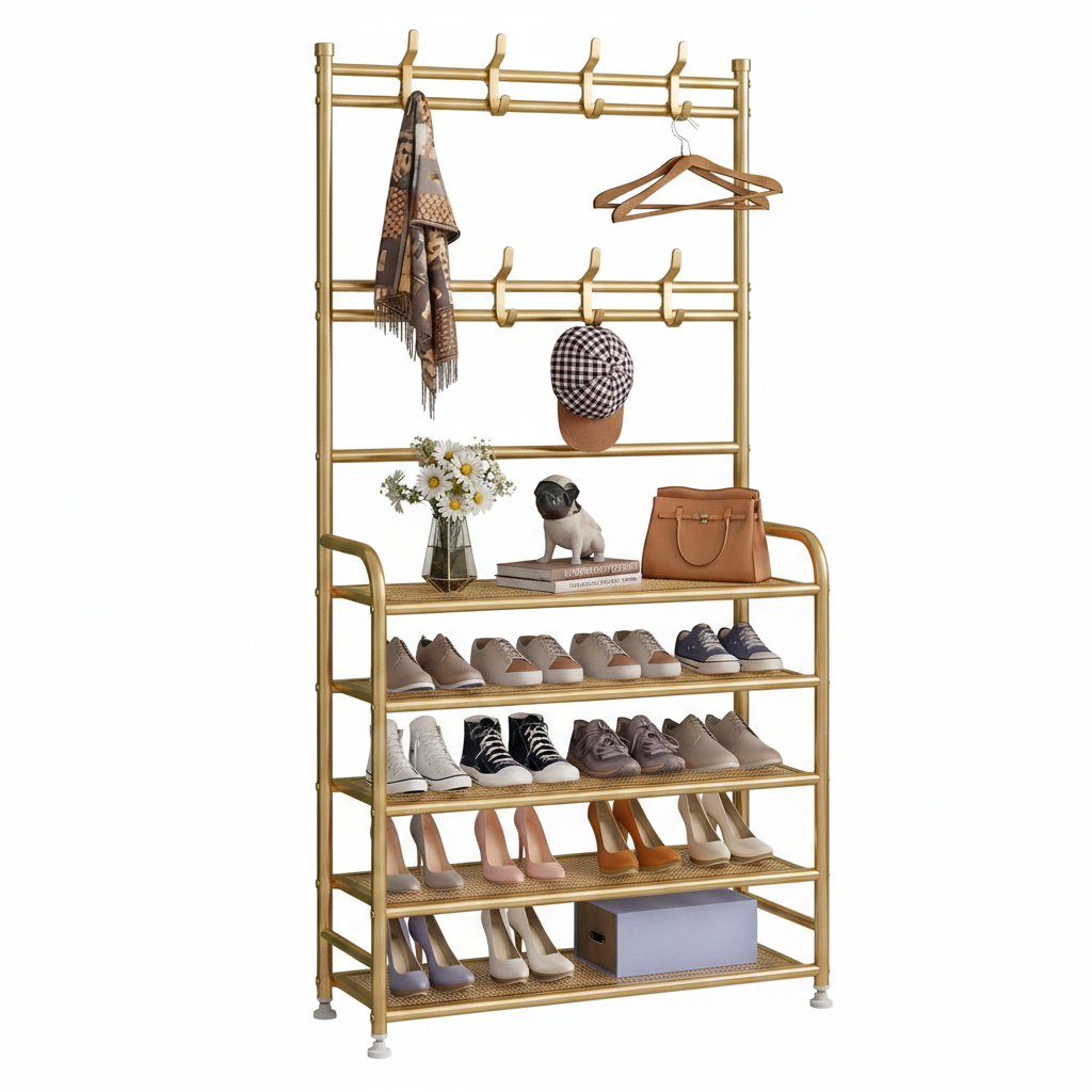 Gold 4-Tier Shoe Rack with Coat & Bag Hooks