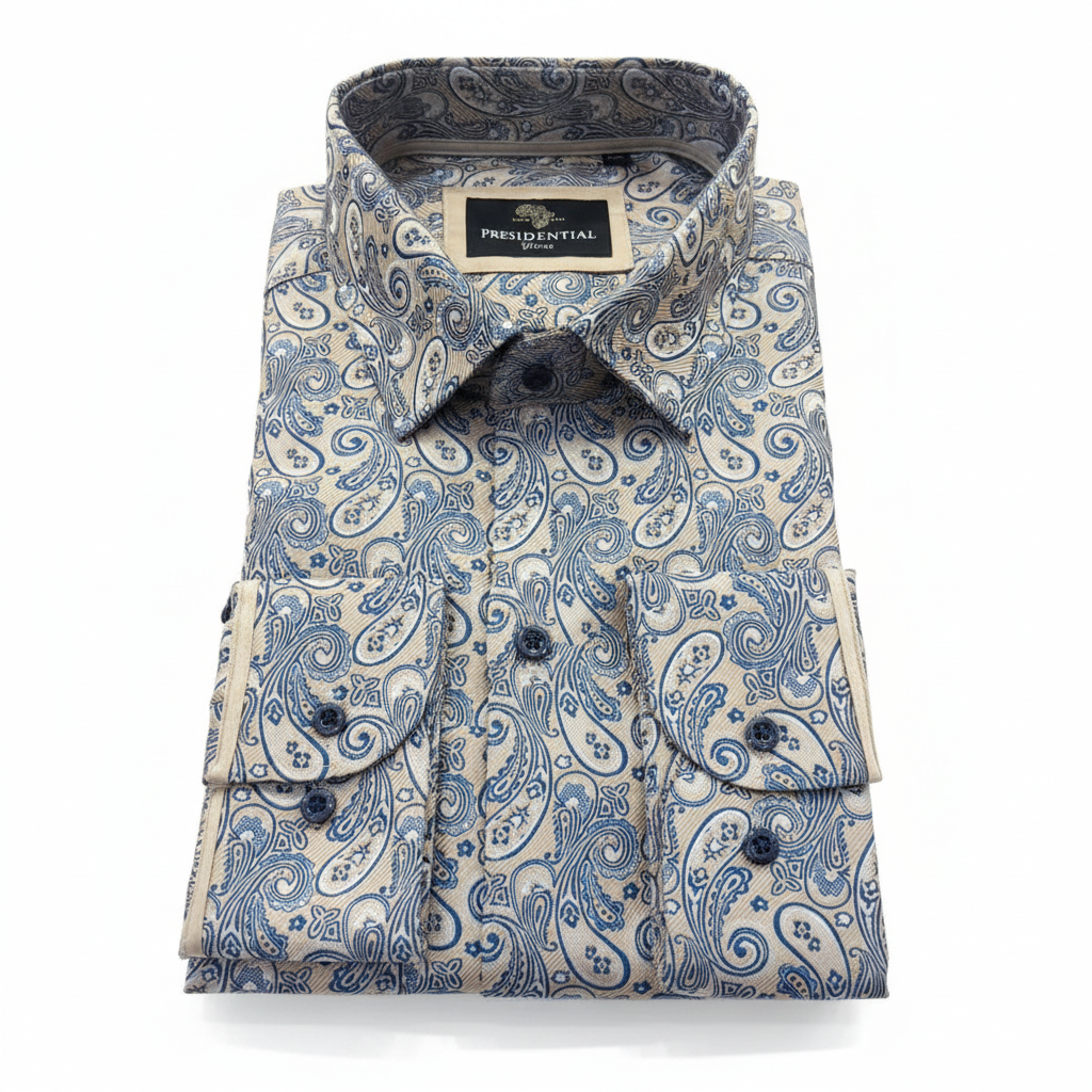 Presidential Men's Dress Shirt – Cream Blue Paisley