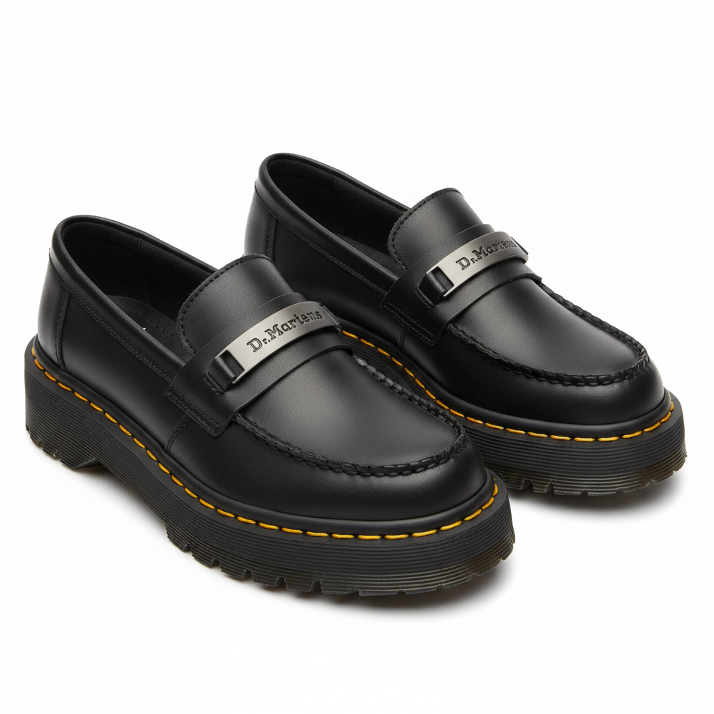 Black Leather Platform Penny Loafer with Yellow Welt Stitching