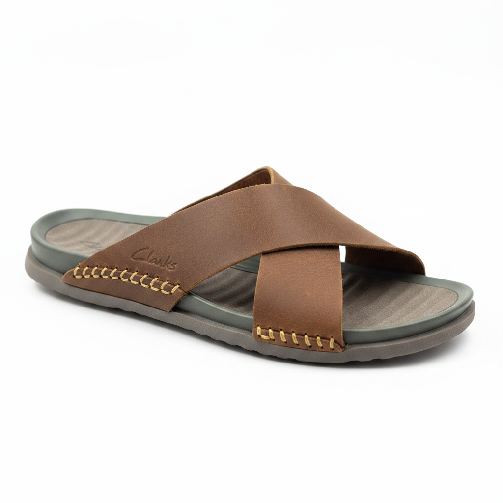 Clarks Cross-Strap Leather Slide Sandals