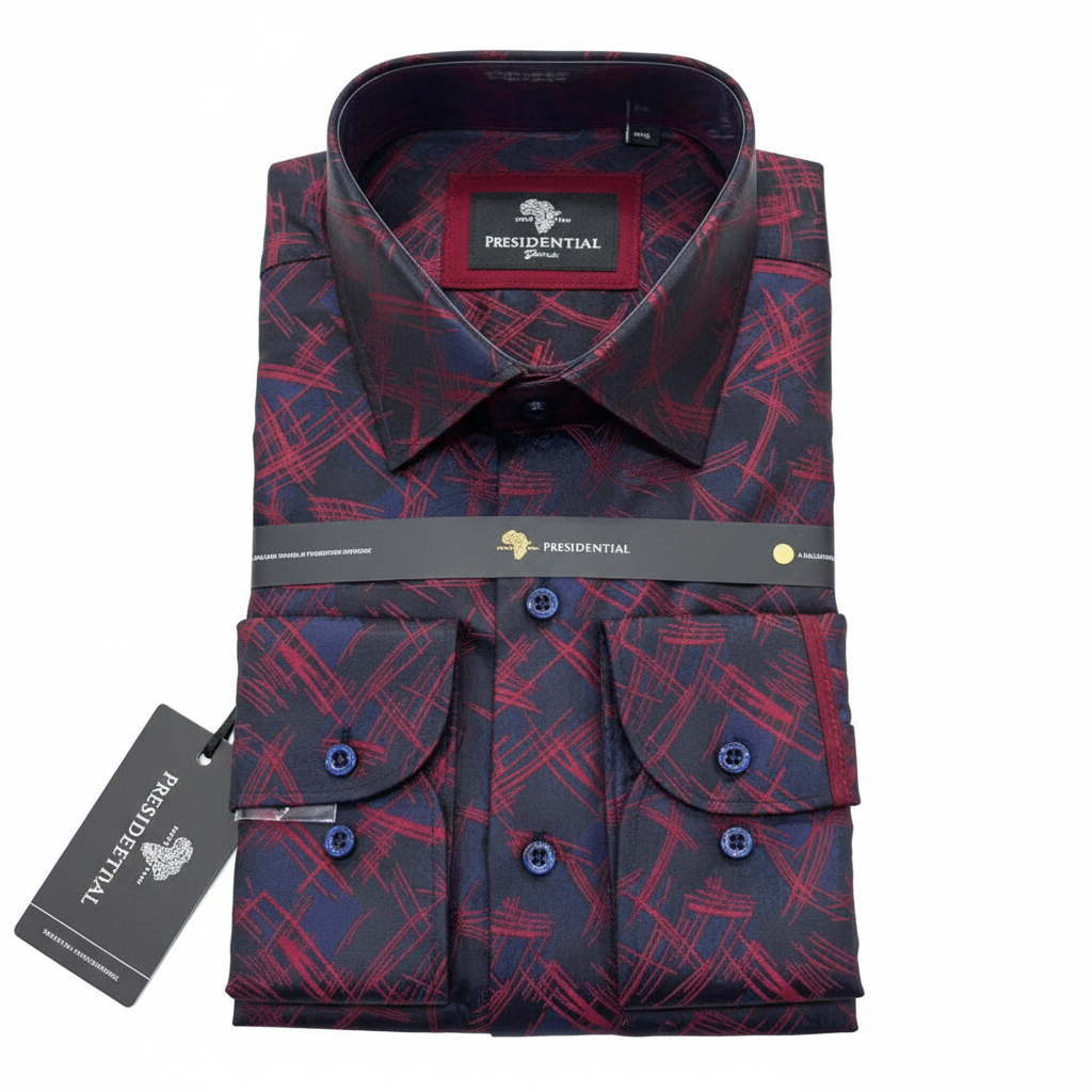 Presidential Men's Dress Shirt – Navy Red Abstract