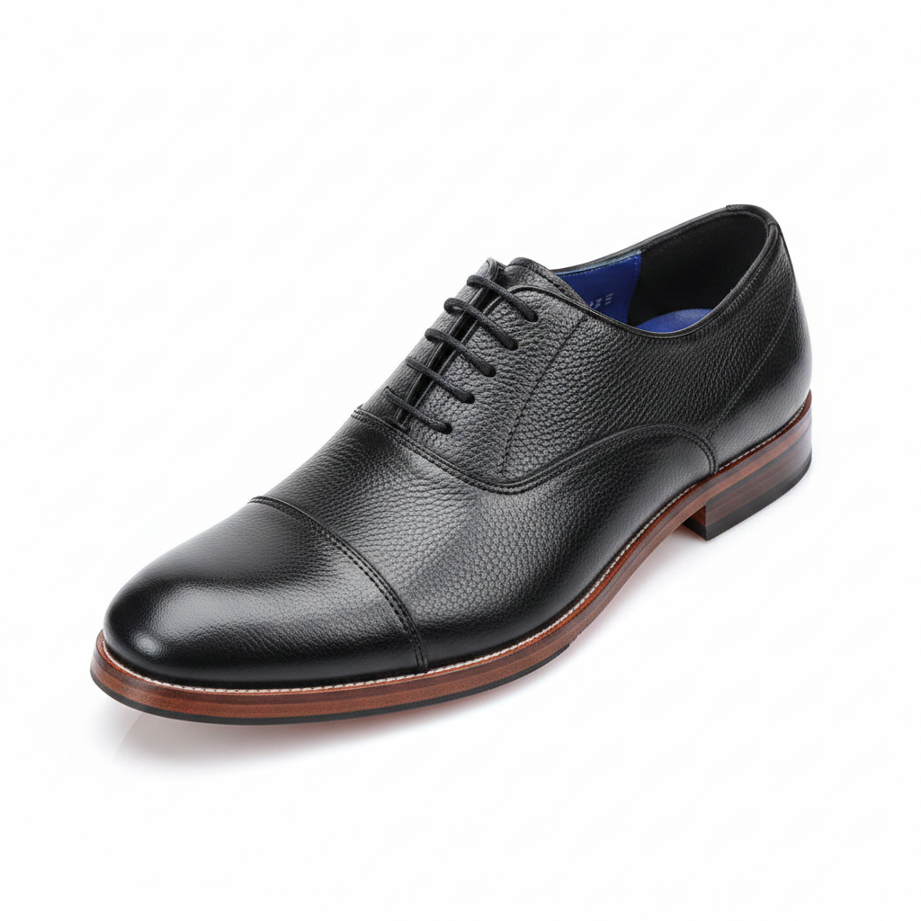 Franco Banetti Black Pebbled Leather Cap-Toe Oxford