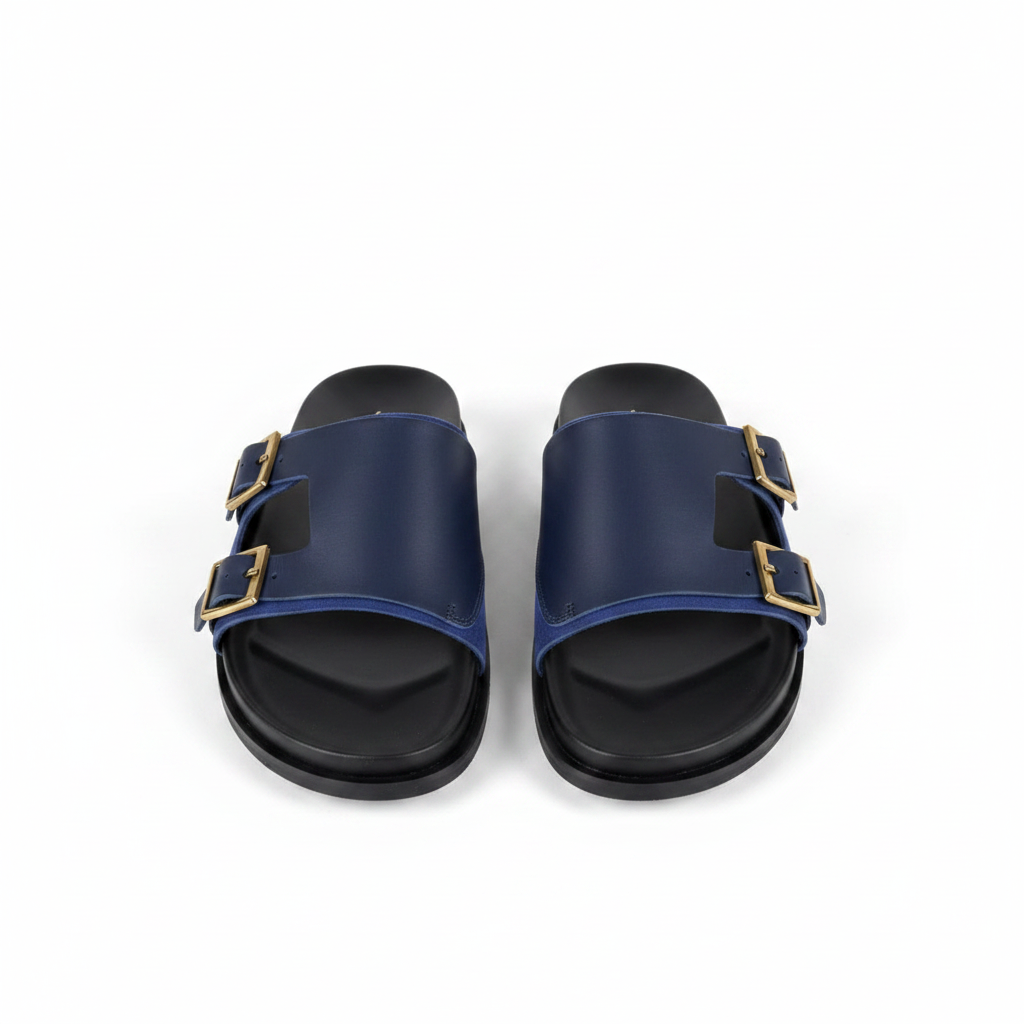 Santoni Navy Blue Leather Double Buckle Slide Sandals