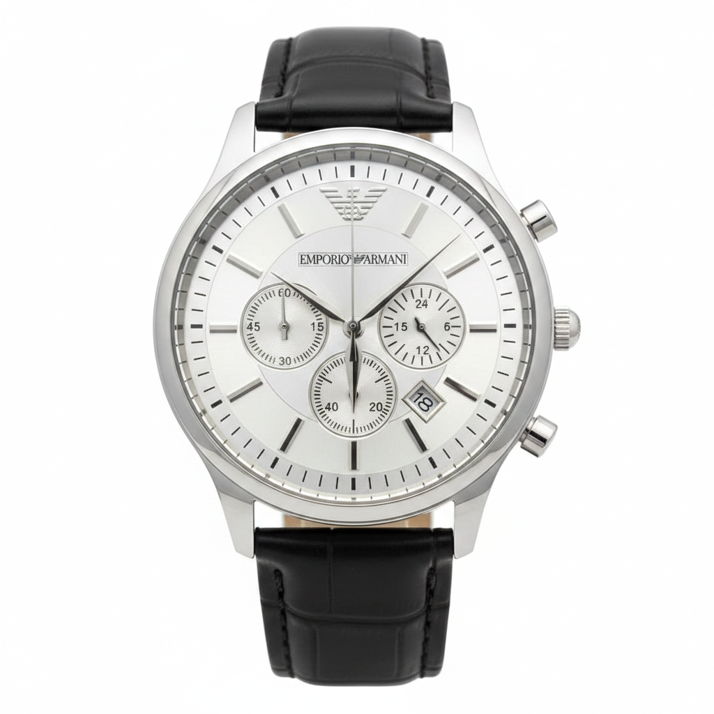 Emporio Armani Chronograph Silver White Dial Leather Watch