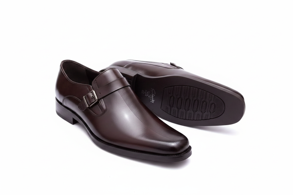 Dark Brown Leather Monk Strap Loafer with Textured Panel
