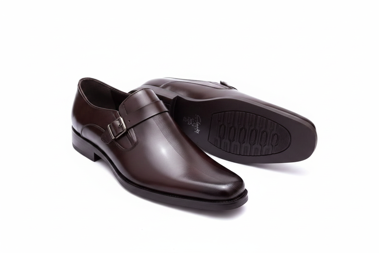 Dark Brown Leather Monk Strap Loafer with Textured Panel