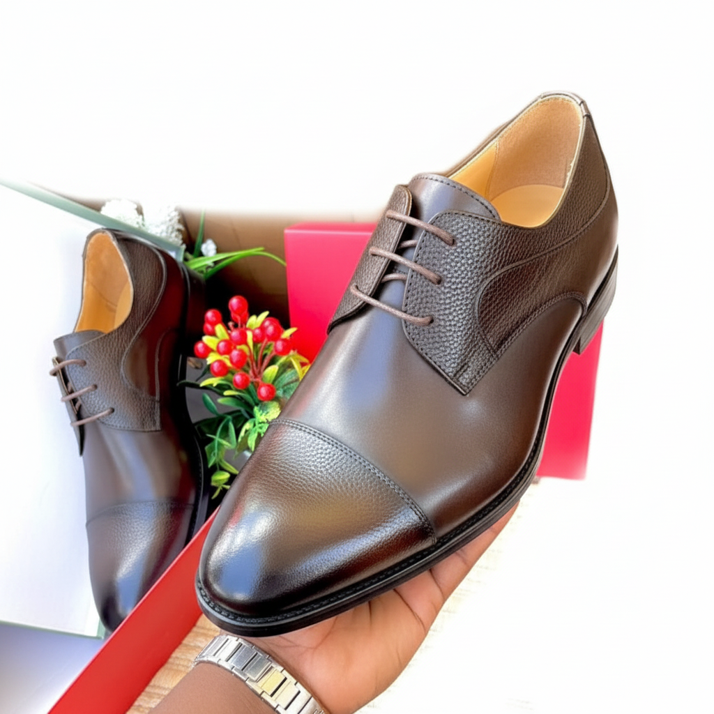 Dark Brown Pebbled Grain Cap-Toe Derby Dress Shoes