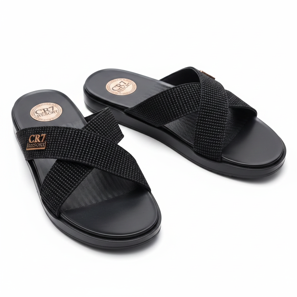 Black Textured Crossband Slide Sandals with Rose Gold Detail