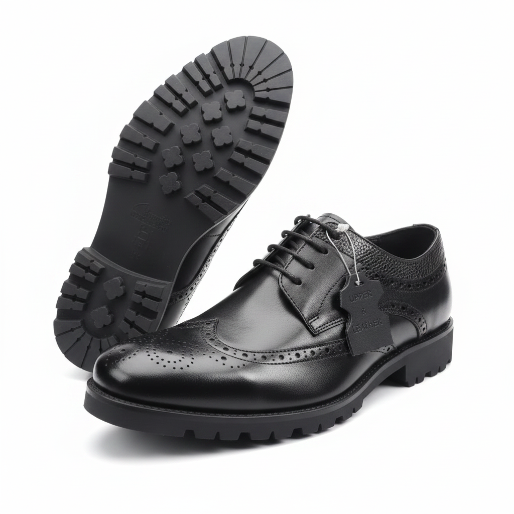 Men's Black Leather Wingtip Brogue Oxford with Lug Sole