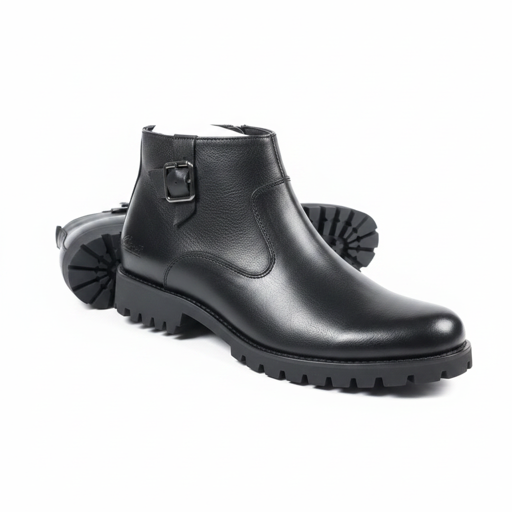 Black Leather Buckle Ankle Boots