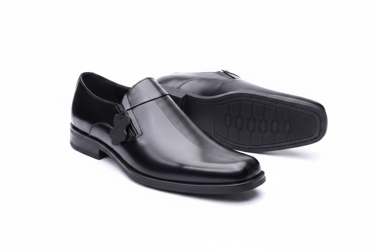 Black Leather Slip-On Loafer with Textured Panel