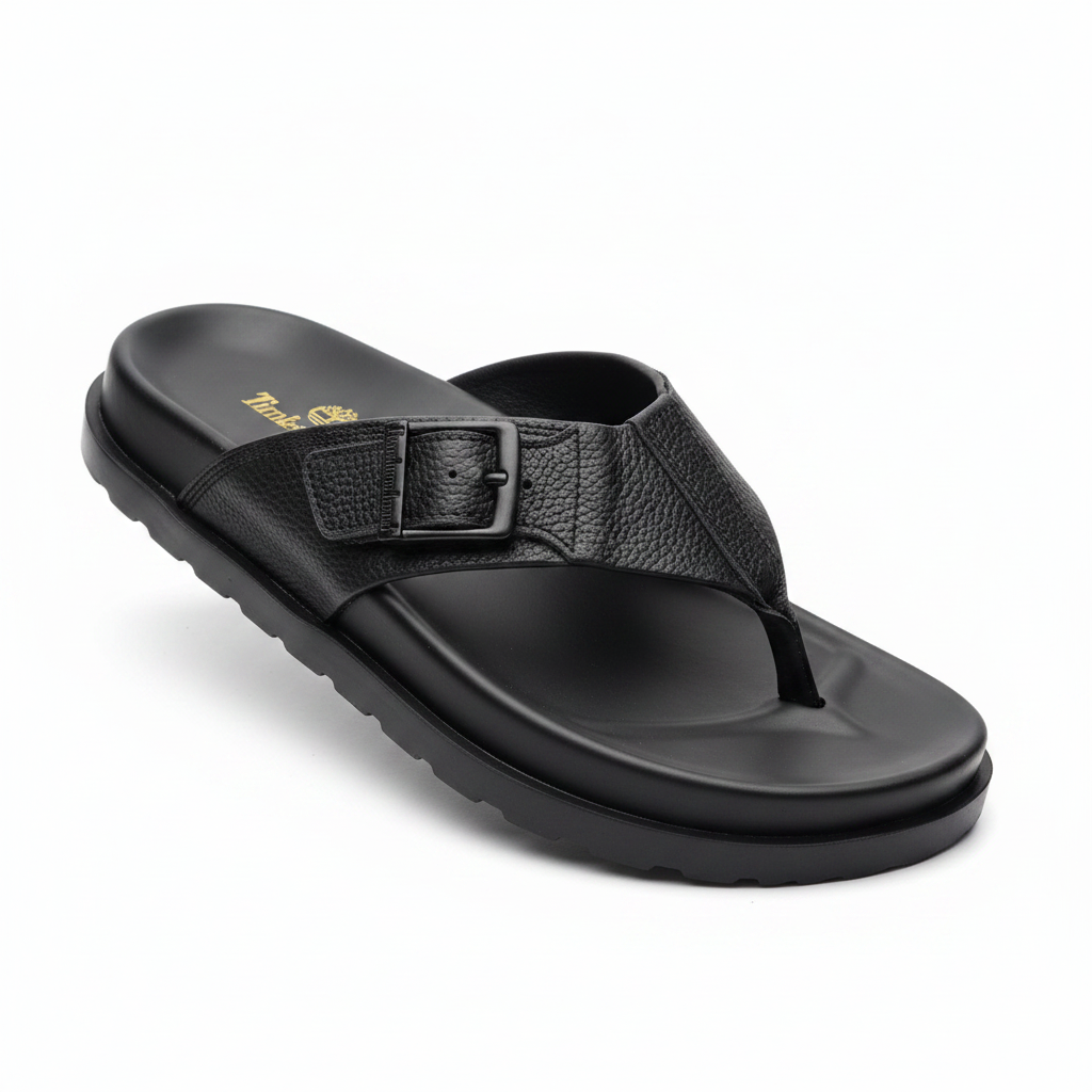 Black Leather Buckle Strap Thong Flip Flop Sandals