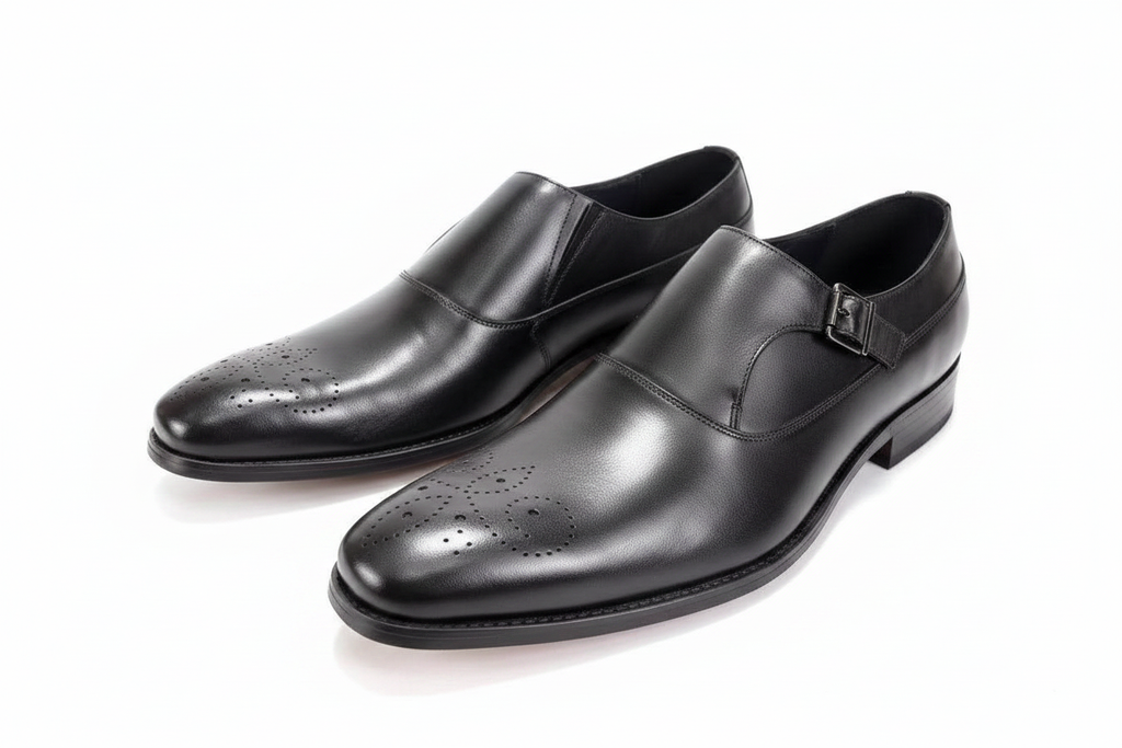 Black Leather Single Monk Strap Brogue Dress Shoes