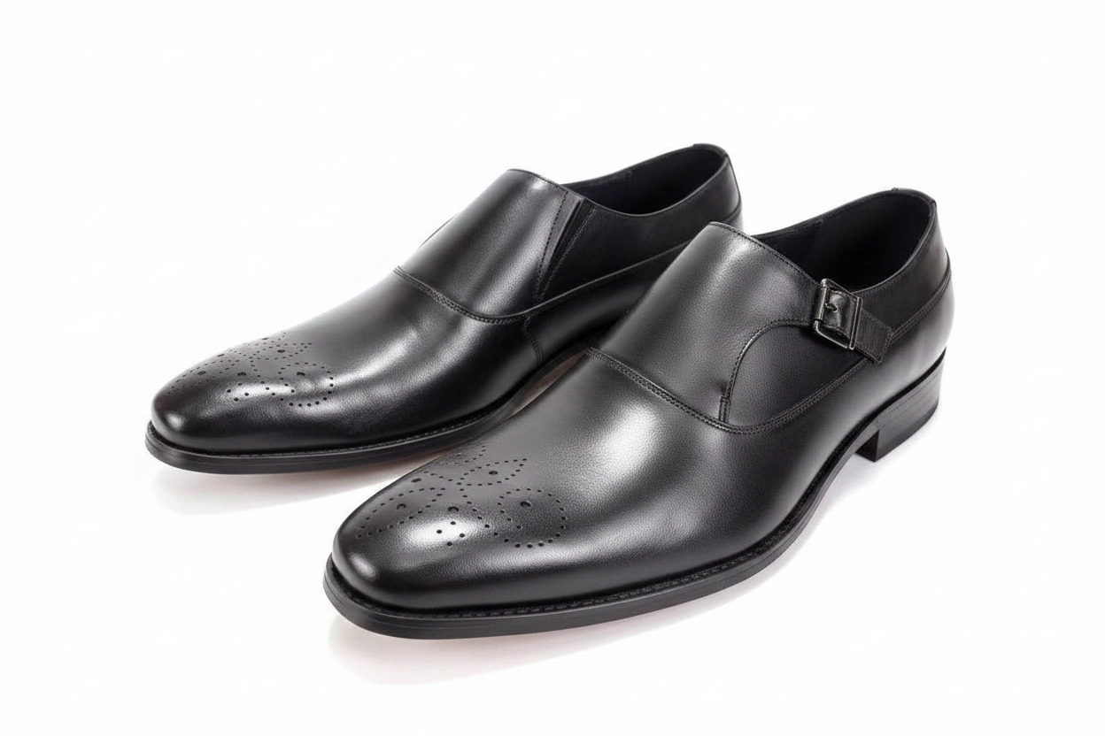 Black Leather Single Monk Strap Brogue Dress Shoes