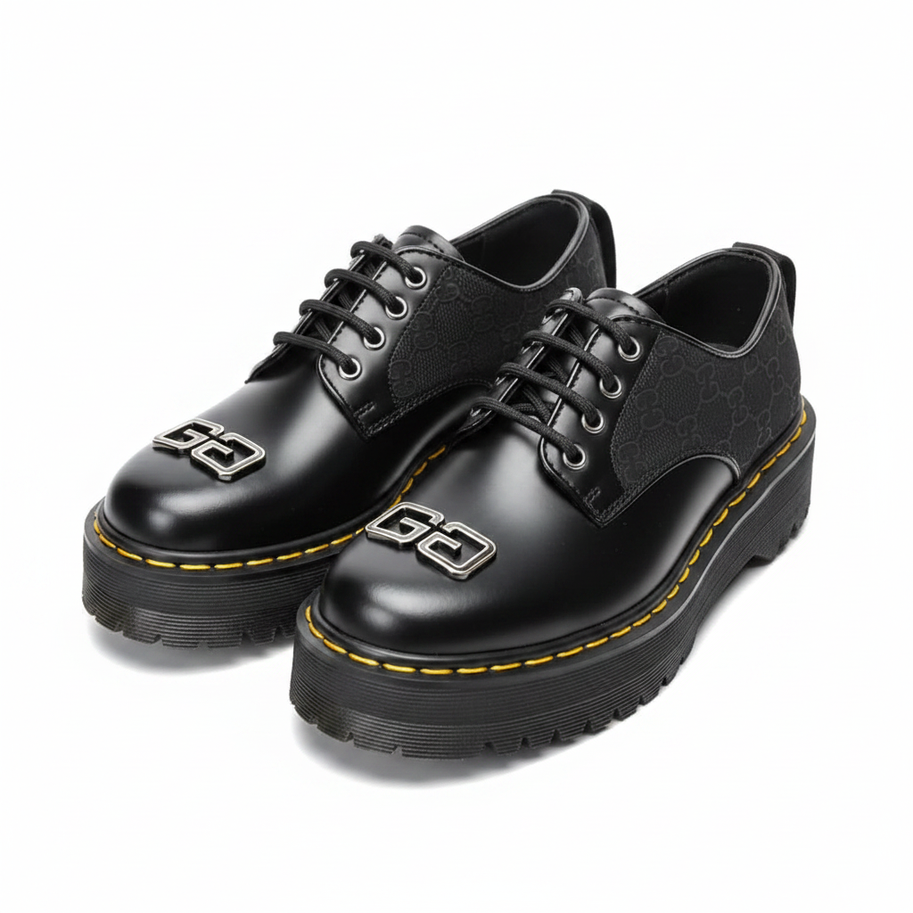 Black Leather Platform Oxford Shoes with Monogram Panel & GG Buckle