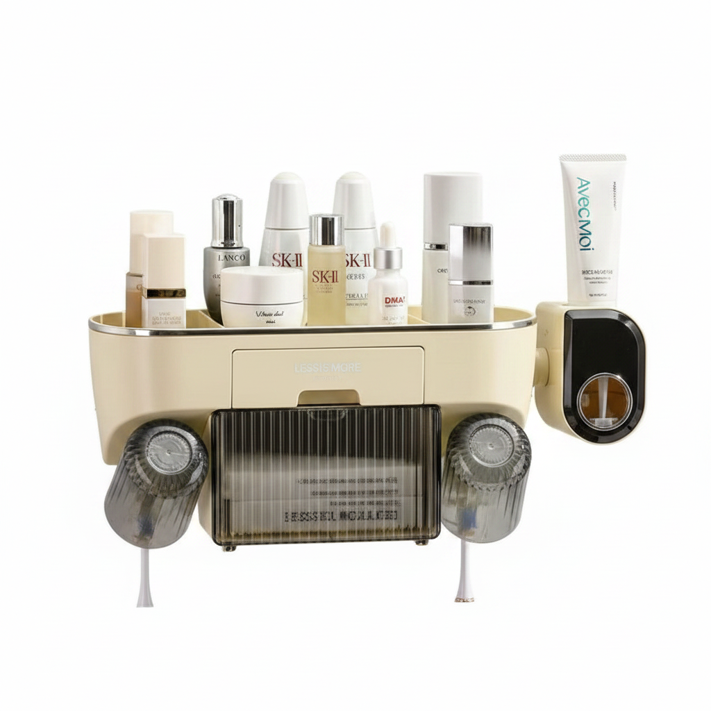 Wall-Mounted Bathroom Organizer with Toothbrush Holder & Cosmetics Shelf