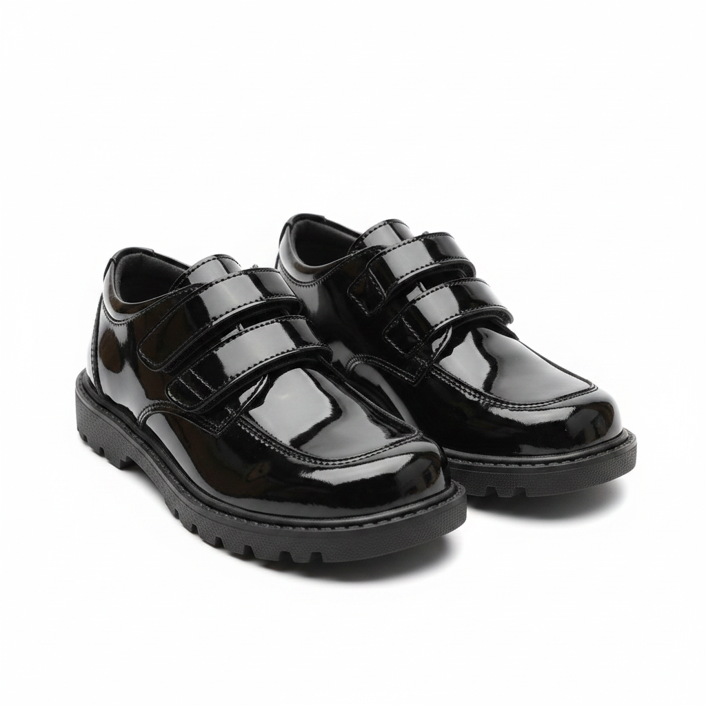Crabkids Boys Black Patent Double Velcro School Shoes