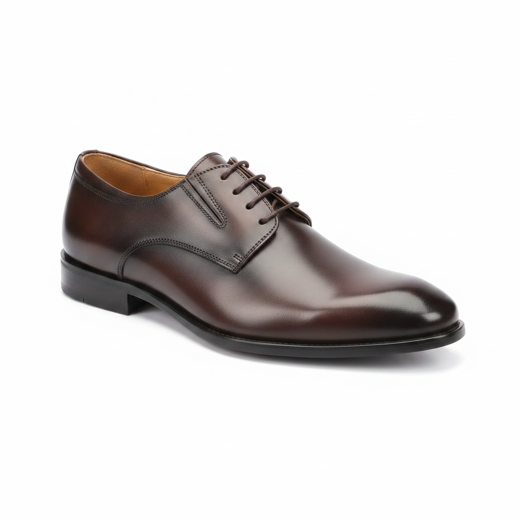 Dark Brown Burnished Leather Plain Toe Derby Oxford Shoes