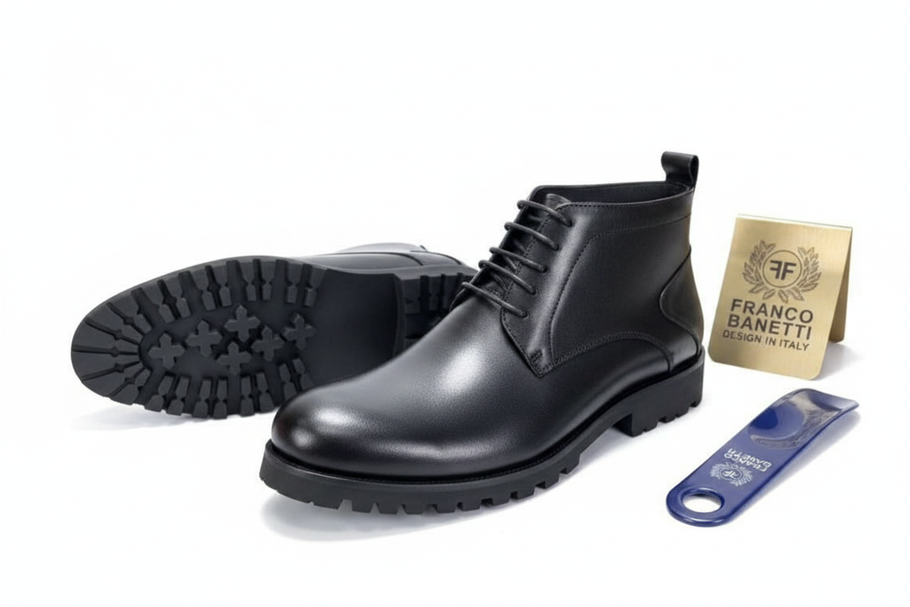 Black Leather Lace-Up Chukka Boots with Lug Sole