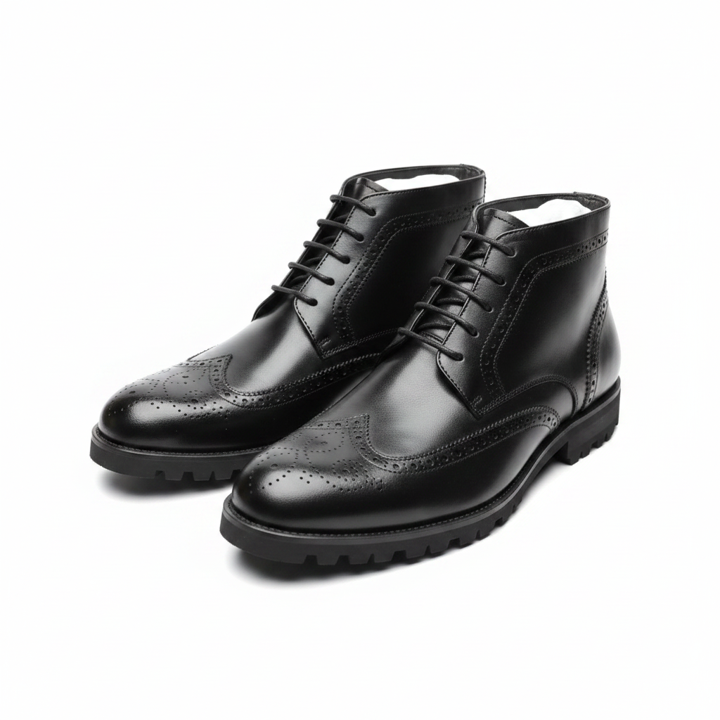 Men's Genuine Leather Wingtip Brogue Ankle Boots Black
