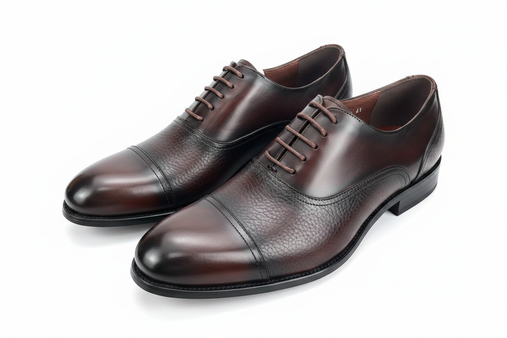 Dark Brown Pebbled Leather Cap-Toe Oxford Dress Shoes