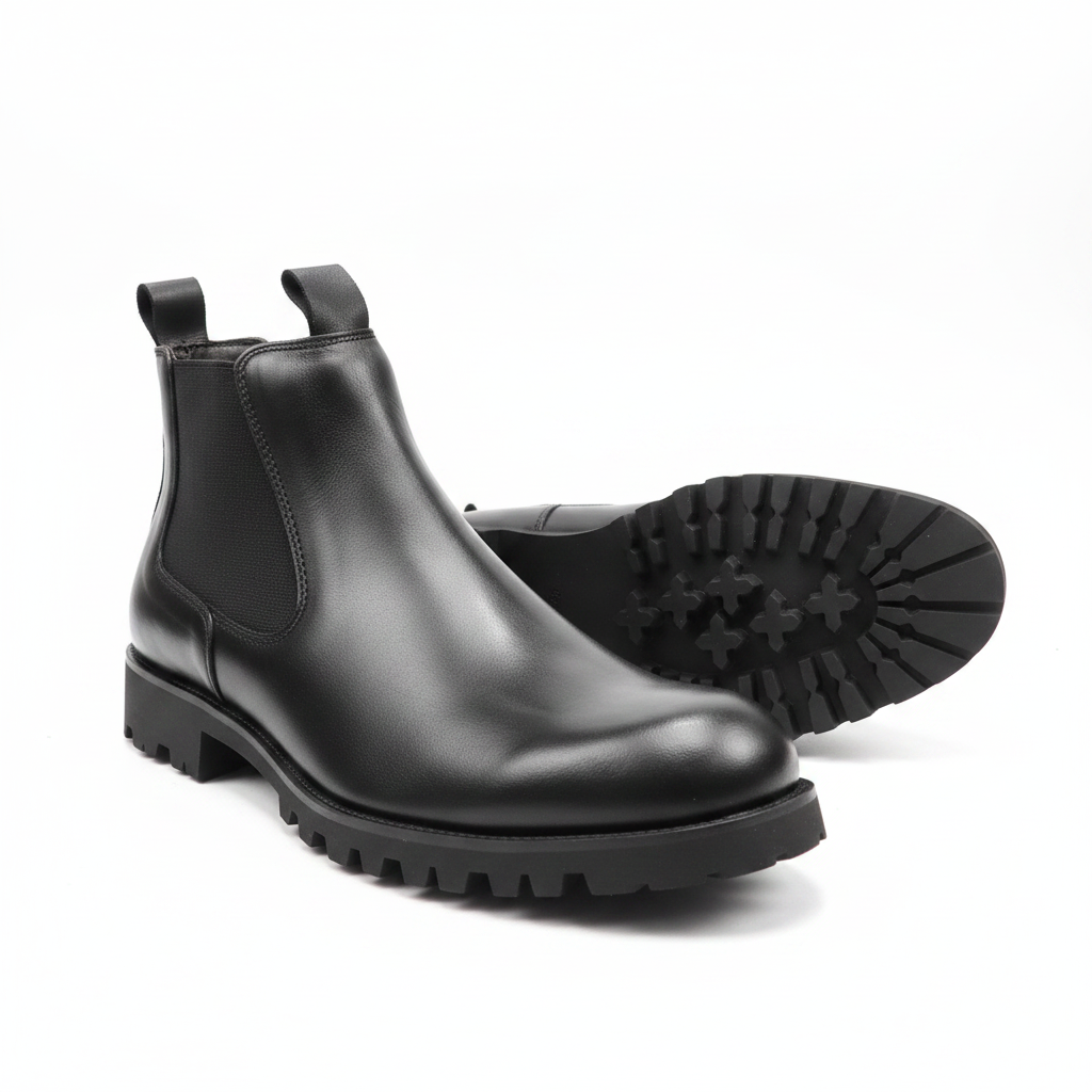 Black Leather Chelsea Boots with Lug Sole