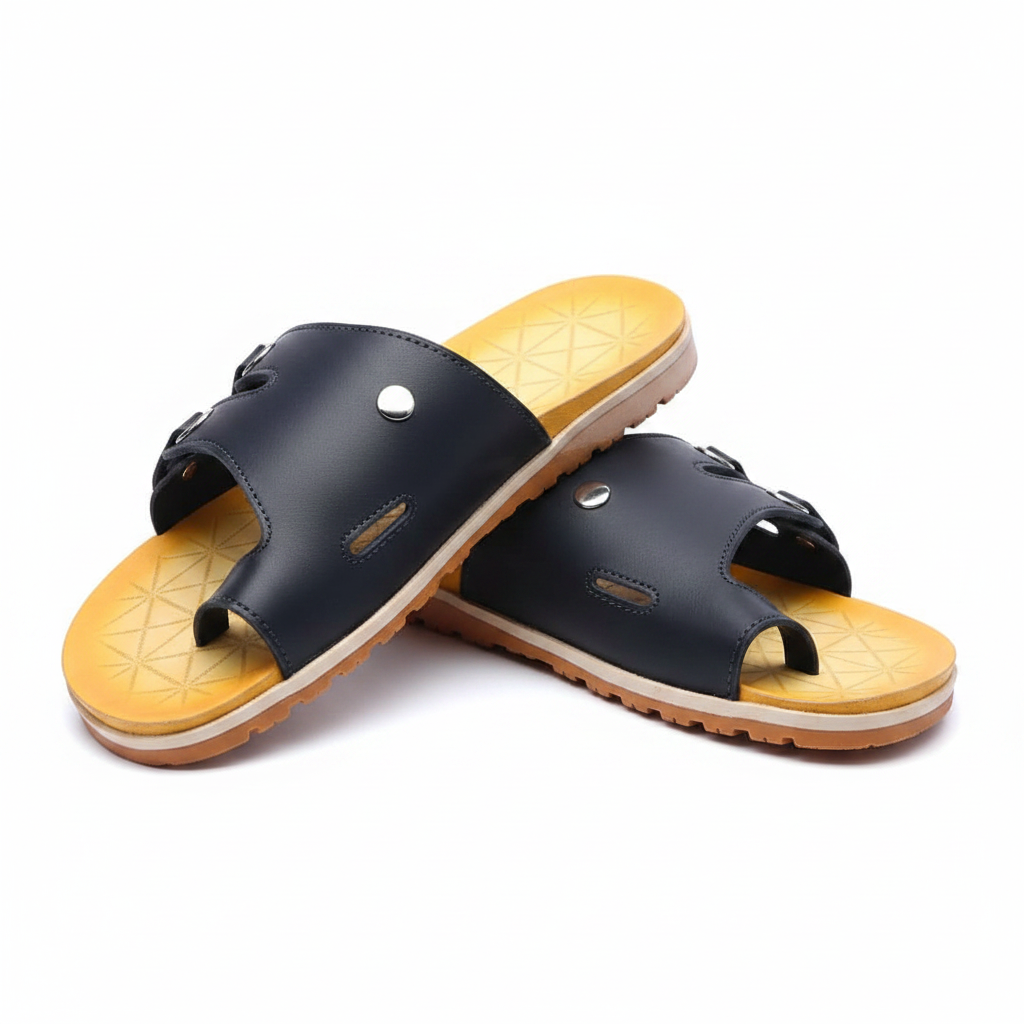 Flyfeet Men's Navy Blue Leather Slide Sandals