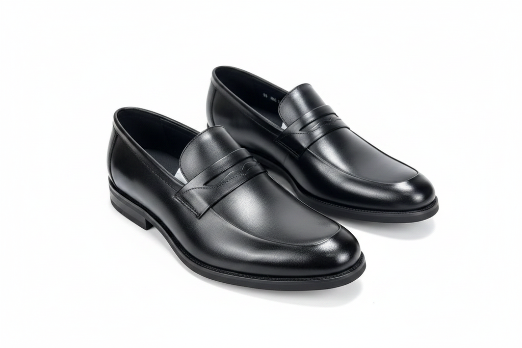 Black Polished Leather Penny Loafer Dress Shoes