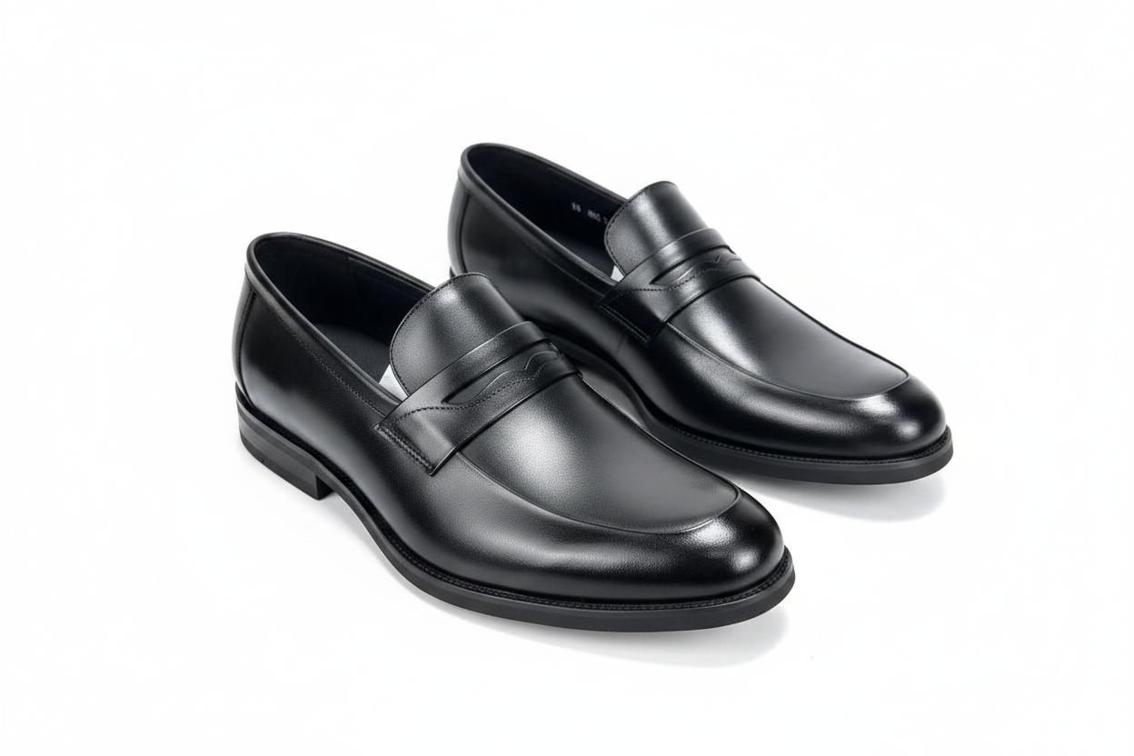 Black Polished Leather Penny Loafer Dress Shoes