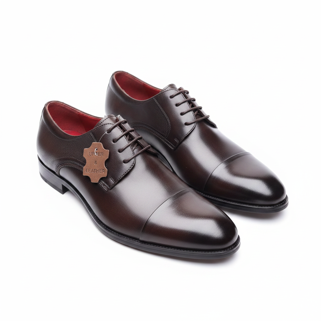 Dark Brown Leather Textured Vamp Cap Toe Derby Shoes