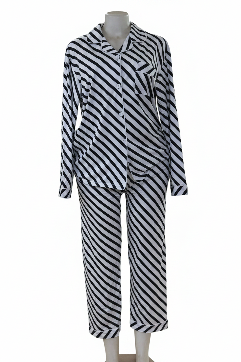 Ladies Striped Pajama Set – Black & White
