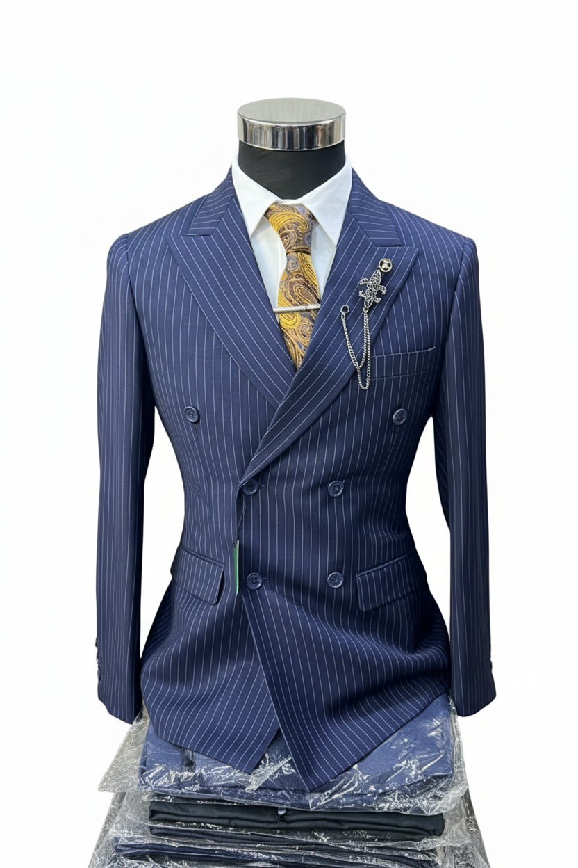 Men's Navy Blue Pinstripe Double-Breasted Suit Set