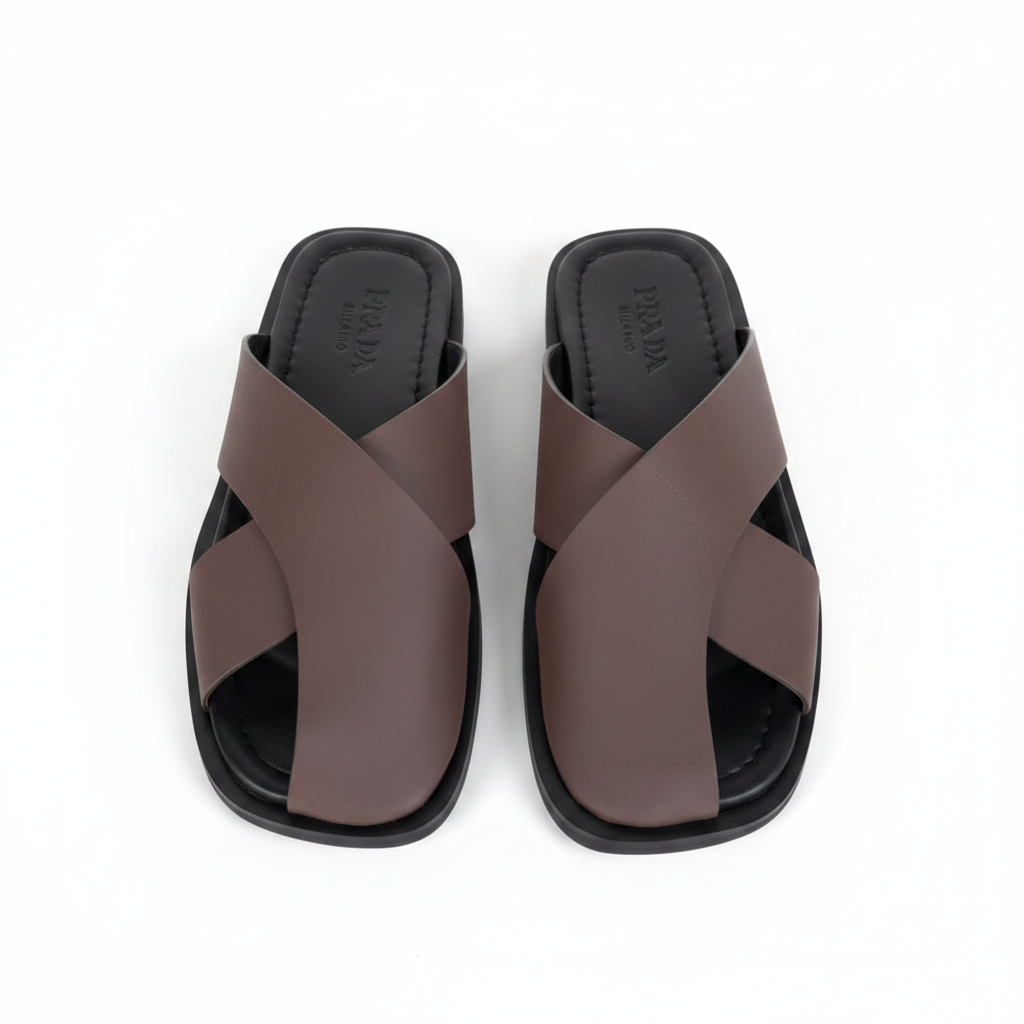 Prada Crossband Leather Slide Sandals