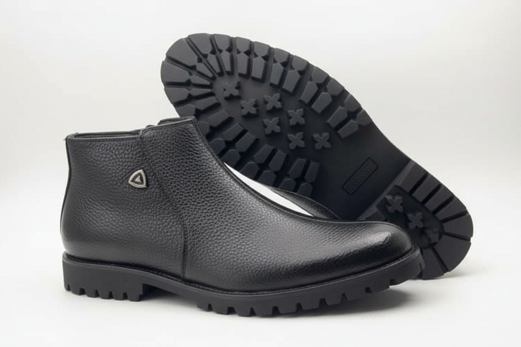 Black Leather Badge Zip Ankle Boots