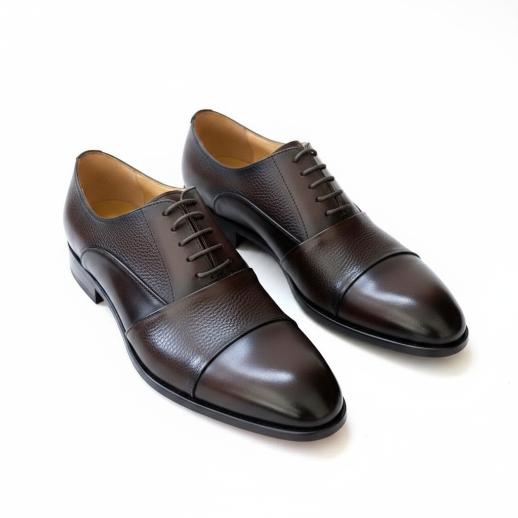 Dark Brown Pebbled Grain Cap-Toe Oxford Dress Shoes