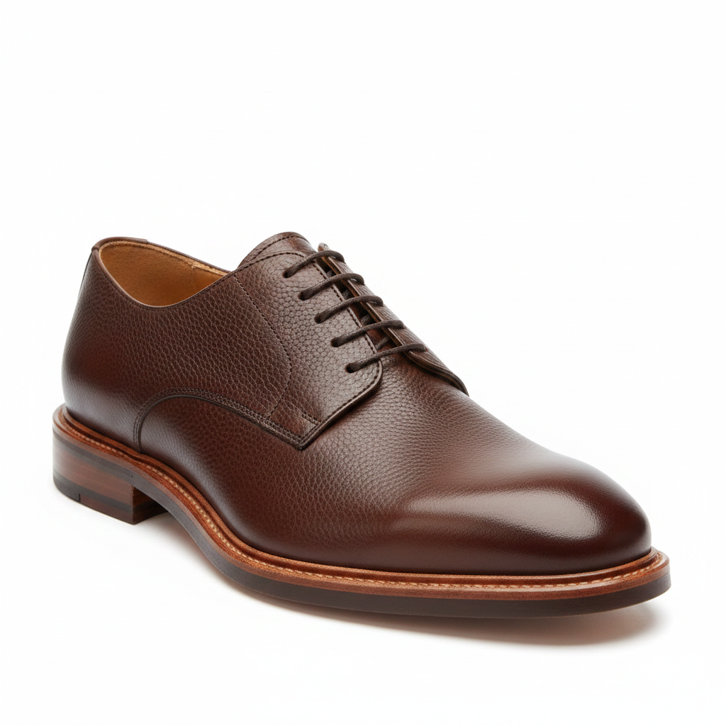 Dark Brown Pebbled Leather Plain Toe Derby