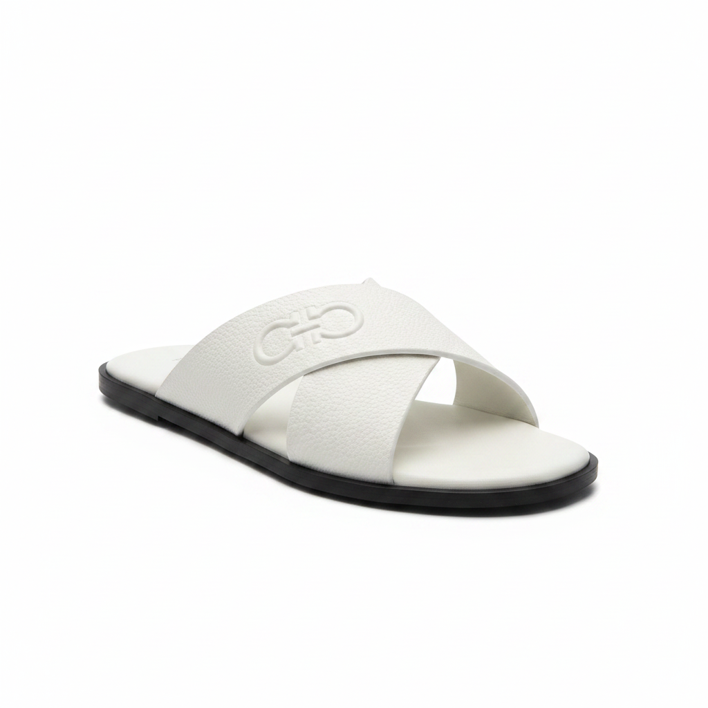 Ferragamo White Cross-Strap Slide Sandal