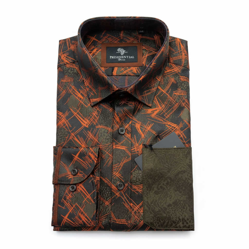 Presidential Men's Dress Shirt – Black Orange Abstract