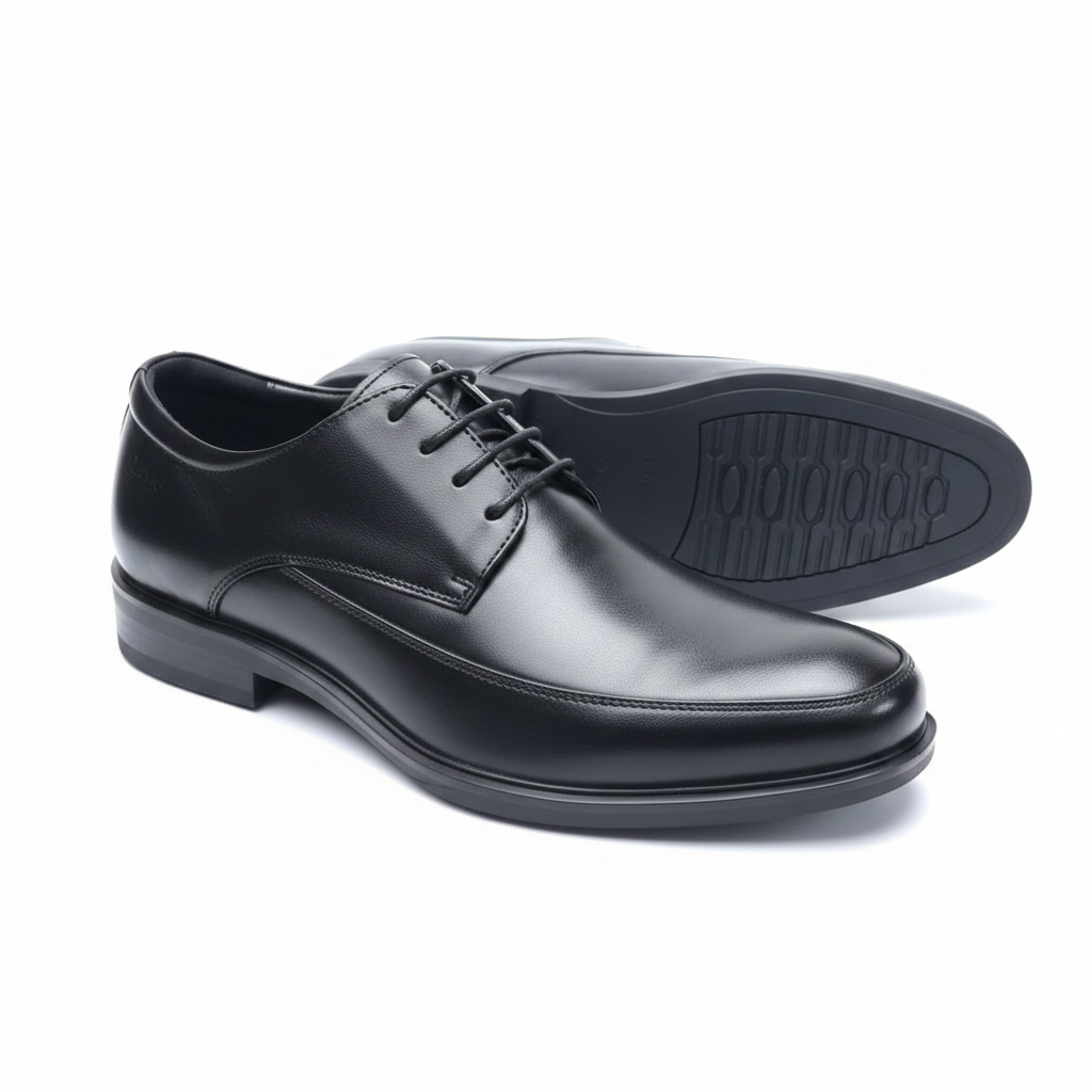 Black Leather Apron Toe Derby Shoes
