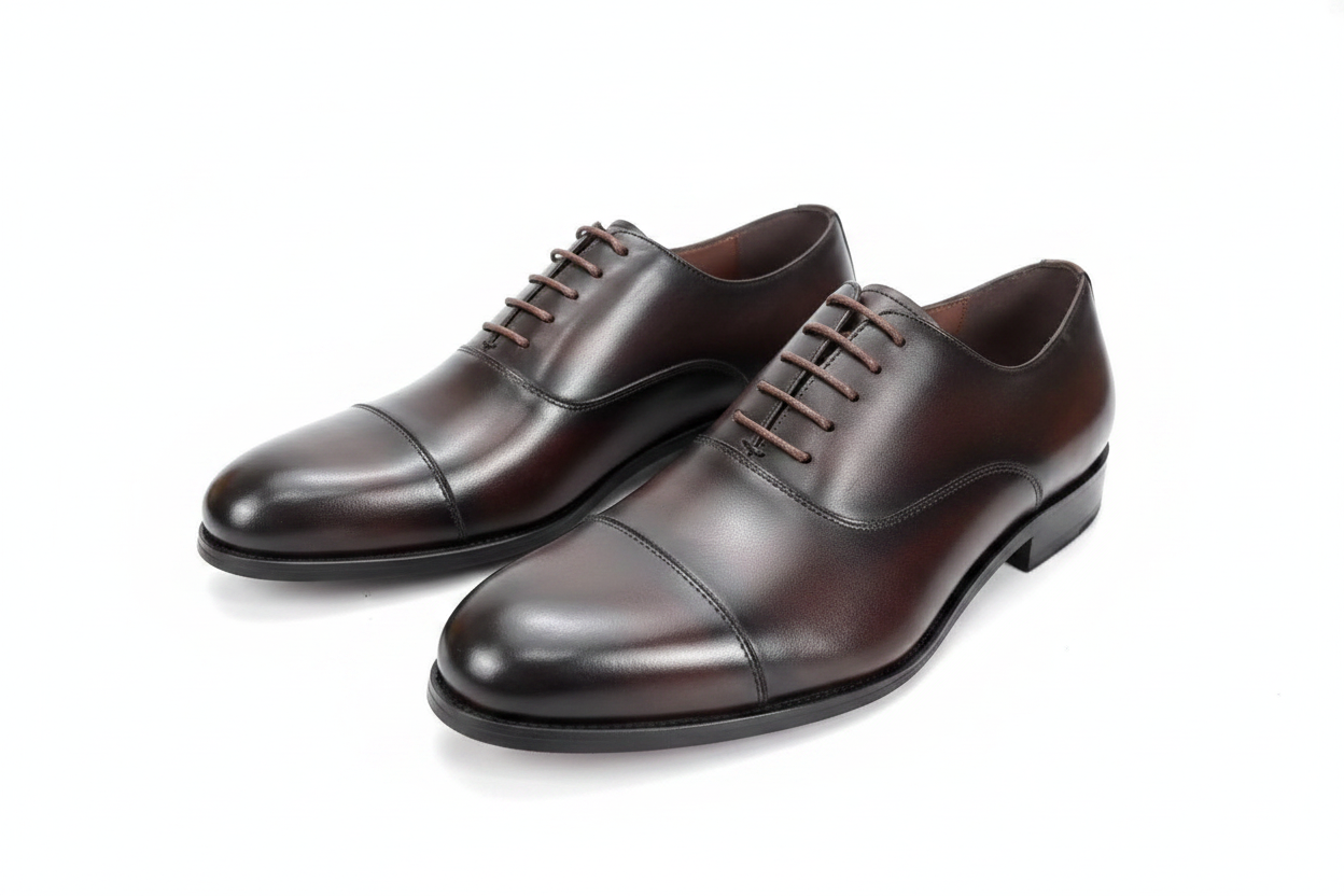 Dark Brown Burnished Leather Cap-Toe Oxford Dress Shoes