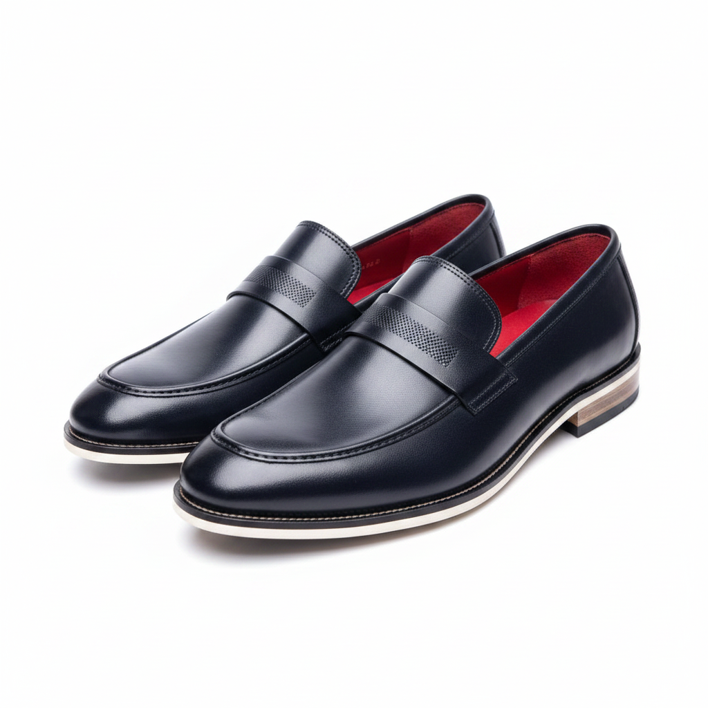 Navy Blue Leather Penny Loafer Shoes