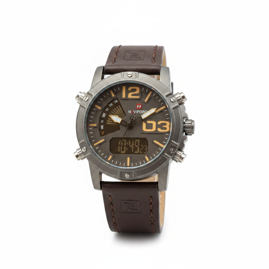 Naviforce Dual-Display Men's Watch – Brown Leather Strap