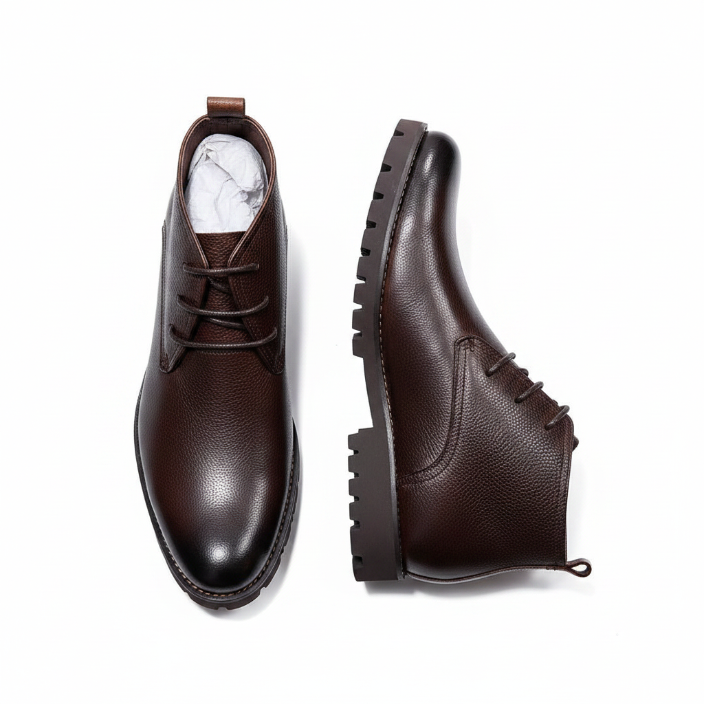 Dark Brown Pebbled Leather Chukka Lace-Up Boots