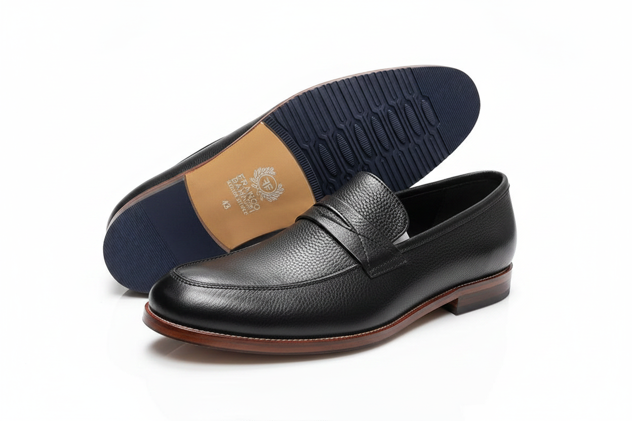 Black Leather Penny Loafer with Brown Welt & Navy Sole