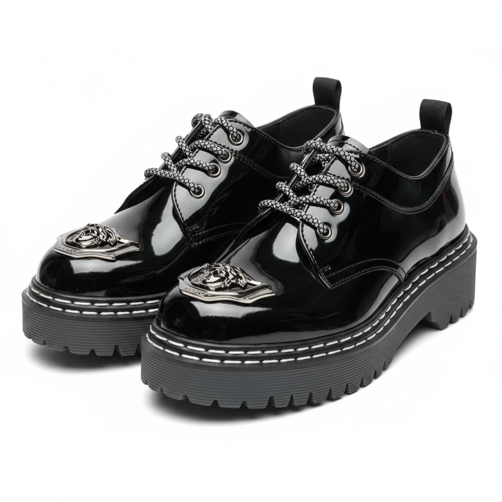 Black Patent Leather Platform Oxford Shoes with Silver Medusa Emblem