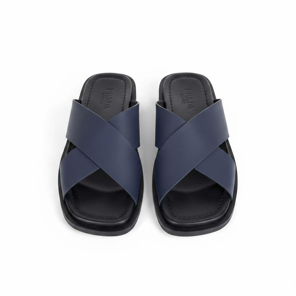Prada Navy Blue Leather Crossband Slide Sandals