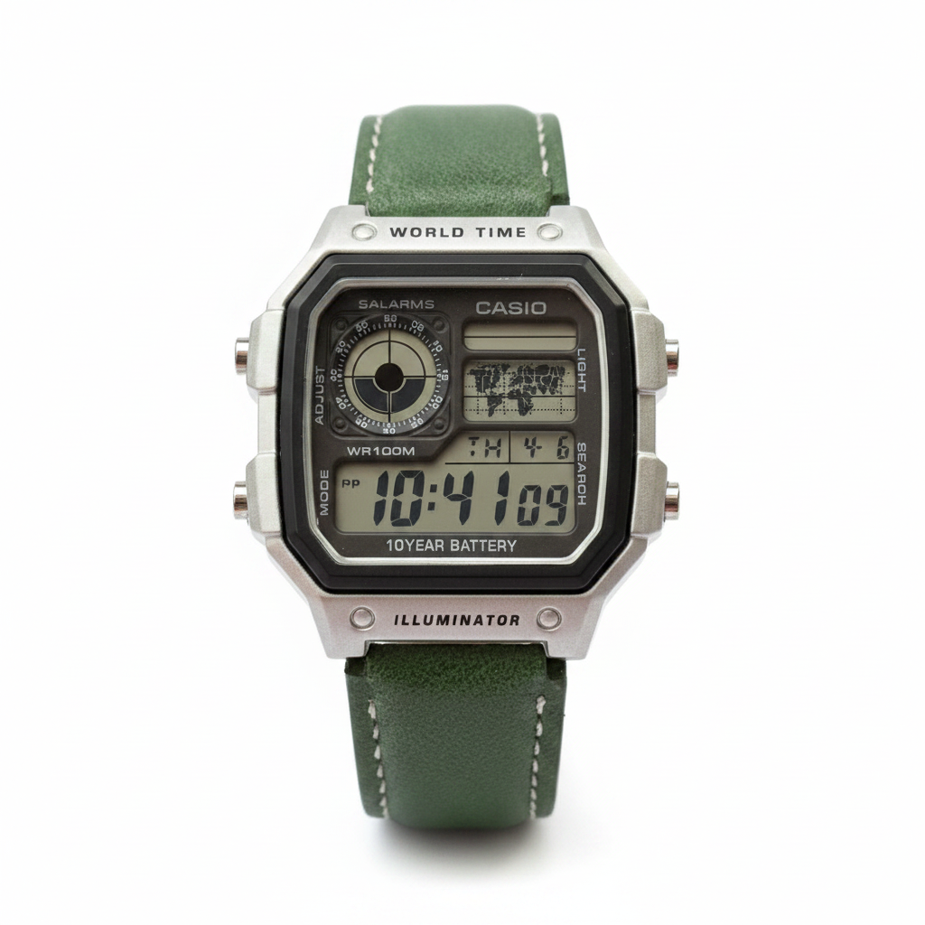 Casio AE-1200WHB World Time Digital Watch – Green Leather Strap