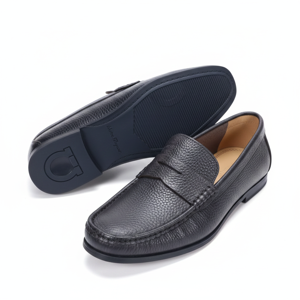 Men's Navy Blue Pebbled Leather Penny Loafer